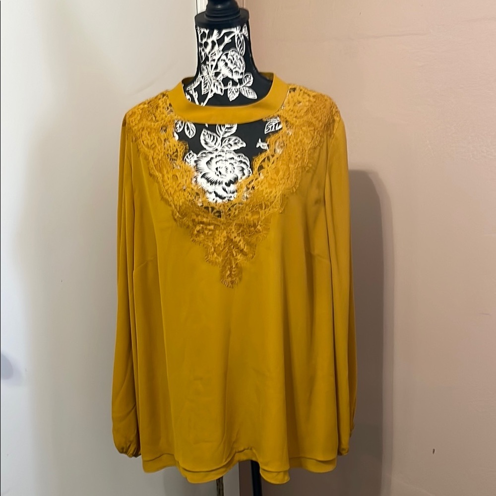 City Chic Mustard Yellow Lace-Trim Long Sleeve Blouse